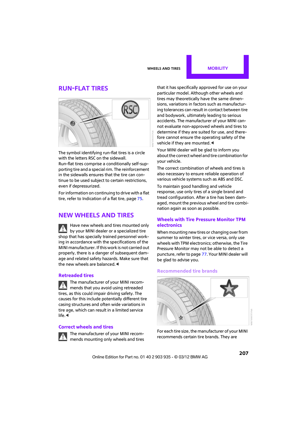 Run-flat tires, New wheels and tires | Mini 2012 Clubman User Manual | Page 208 / 269