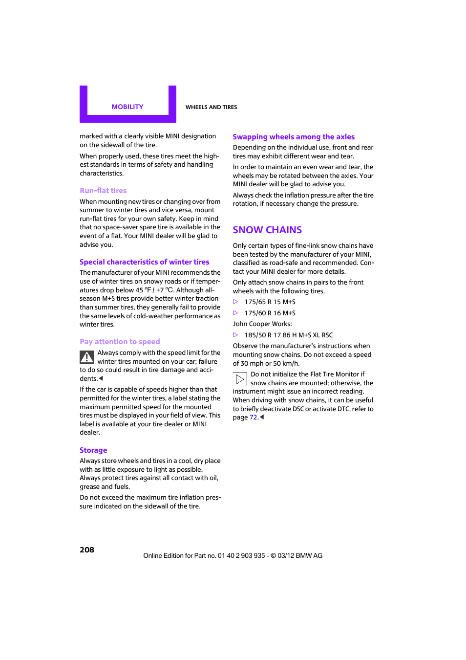 Snow chains | Mini 2012 Clubman User Manual | Page 209 / 269