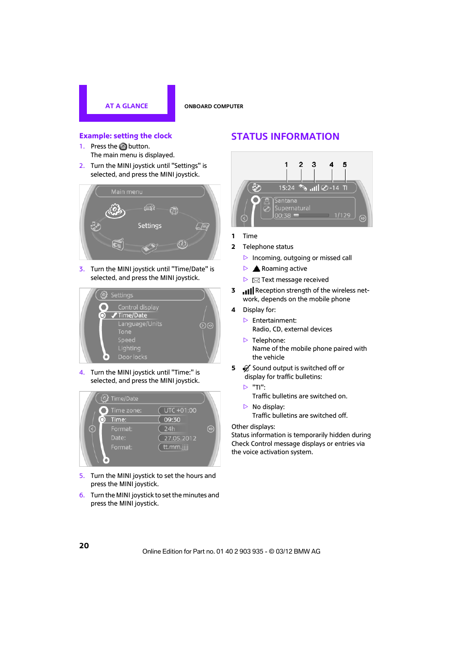 Status information | Mini 2012 Clubman User Manual | Page 21 / 269