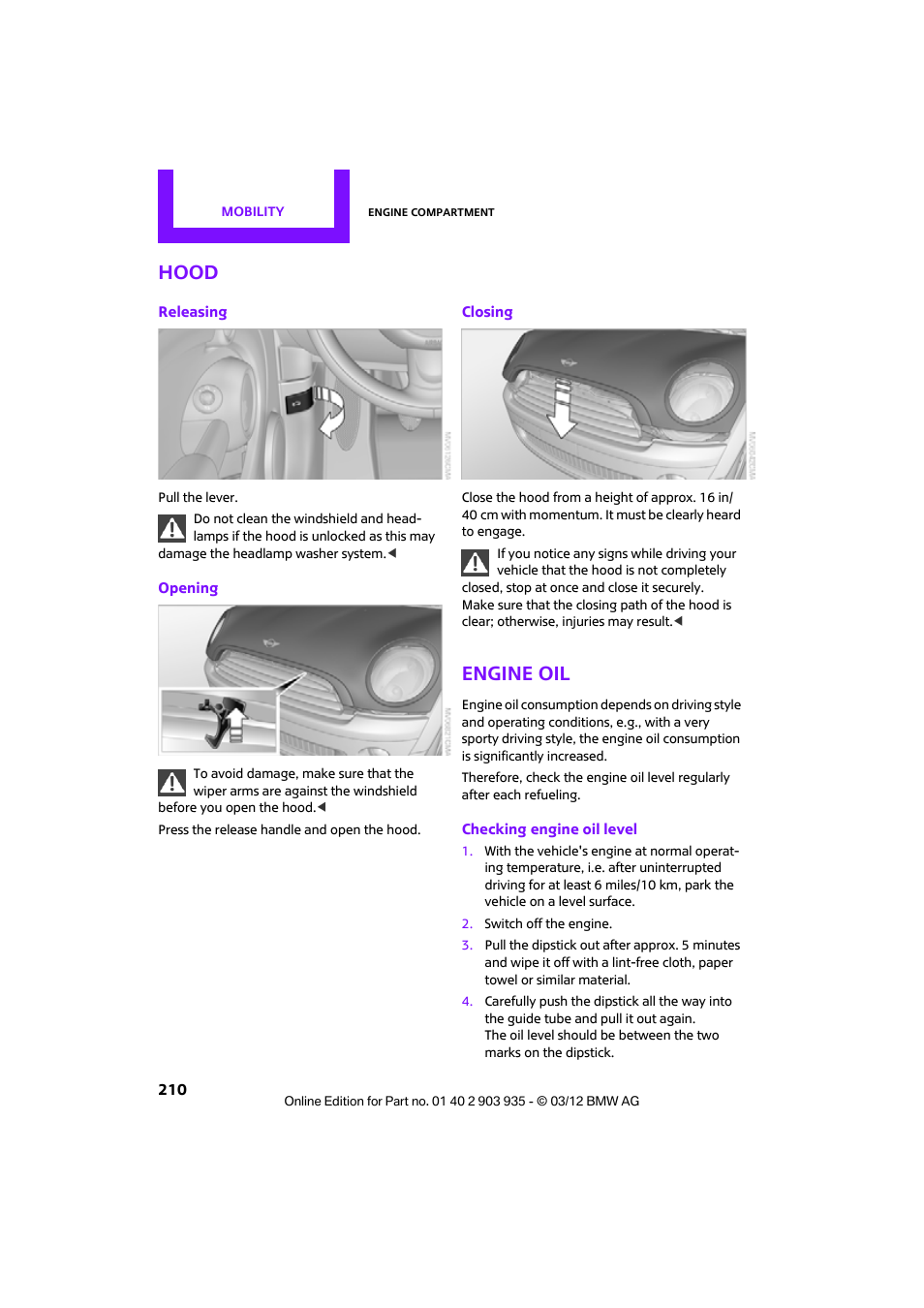 Hood, Engine oil | Mini 2012 Clubman User Manual | Page 211 / 269