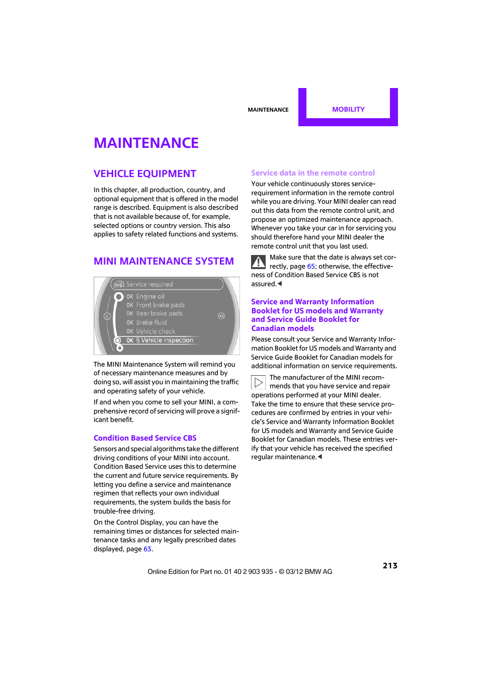 Maintenance, Vehicle equipment, Mini maintenance system | Mini 2012 Clubman User Manual | Page 214 / 269