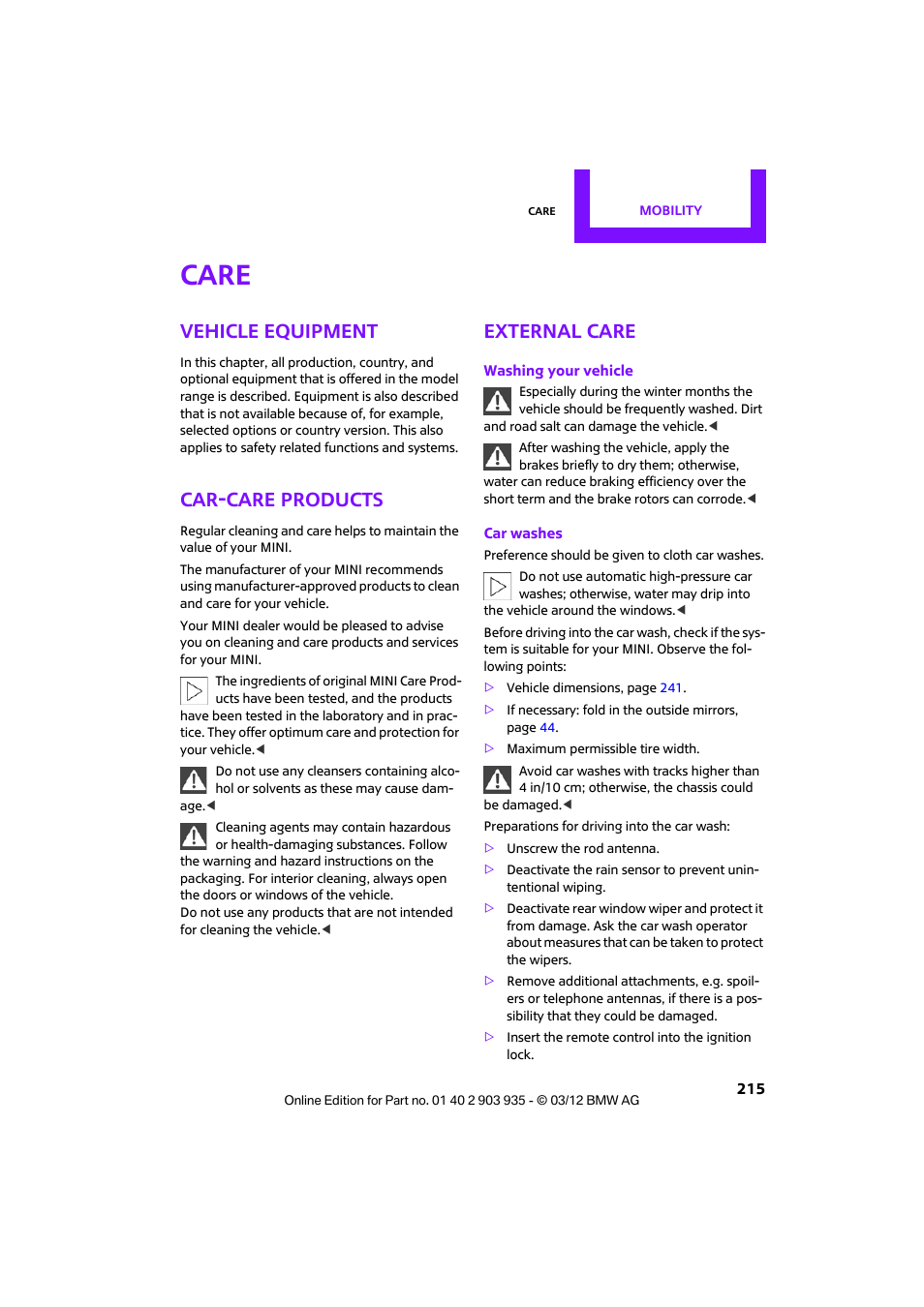 Care, Vehicle equipment, Car-care products | External care | Mini 2012 Clubman User Manual | Page 216 / 269