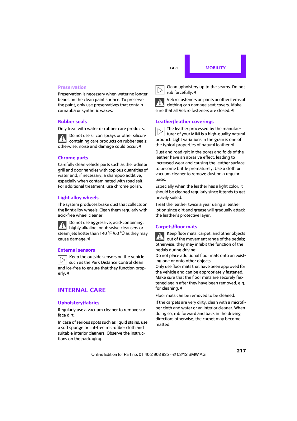 Internal care | Mini 2012 Clubman User Manual | Page 218 / 269