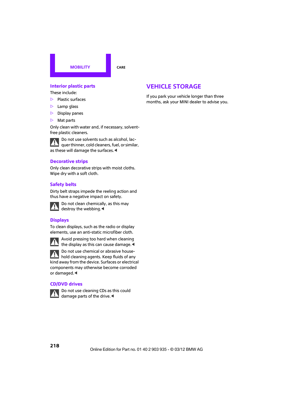 Vehicle storage | Mini 2012 Clubman User Manual | Page 219 / 269