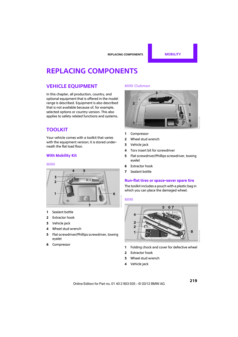 Replacing components, Vehicle equipment, Toolkit | Mini 2012 Clubman User Manual | Page 220 / 269