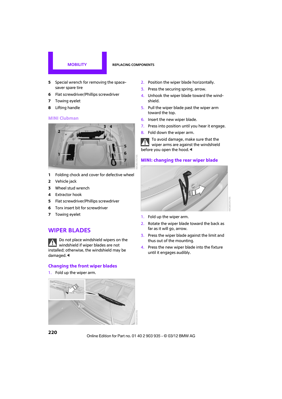 Wiper blades | Mini 2012 Clubman User Manual | Page 221 / 269