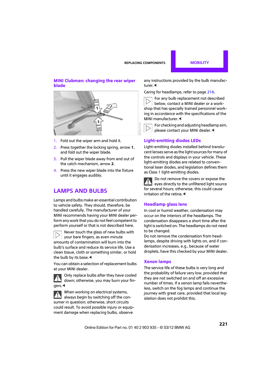 Lamps and bulbs | Mini 2012 Clubman User Manual | Page 222 / 269