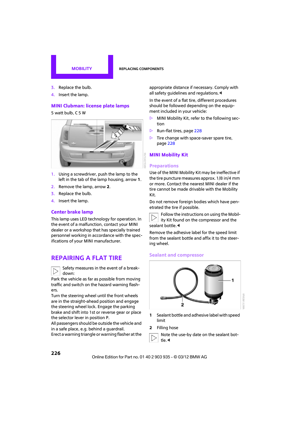 Repairing a flat tire | Mini 2012 Clubman User Manual | Page 227 / 269