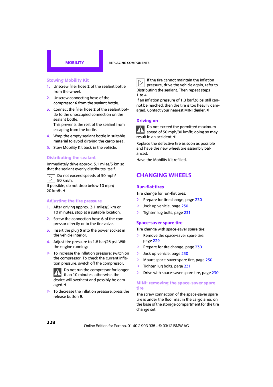 Changing wheels | Mini 2012 Clubman User Manual | Page 229 / 269