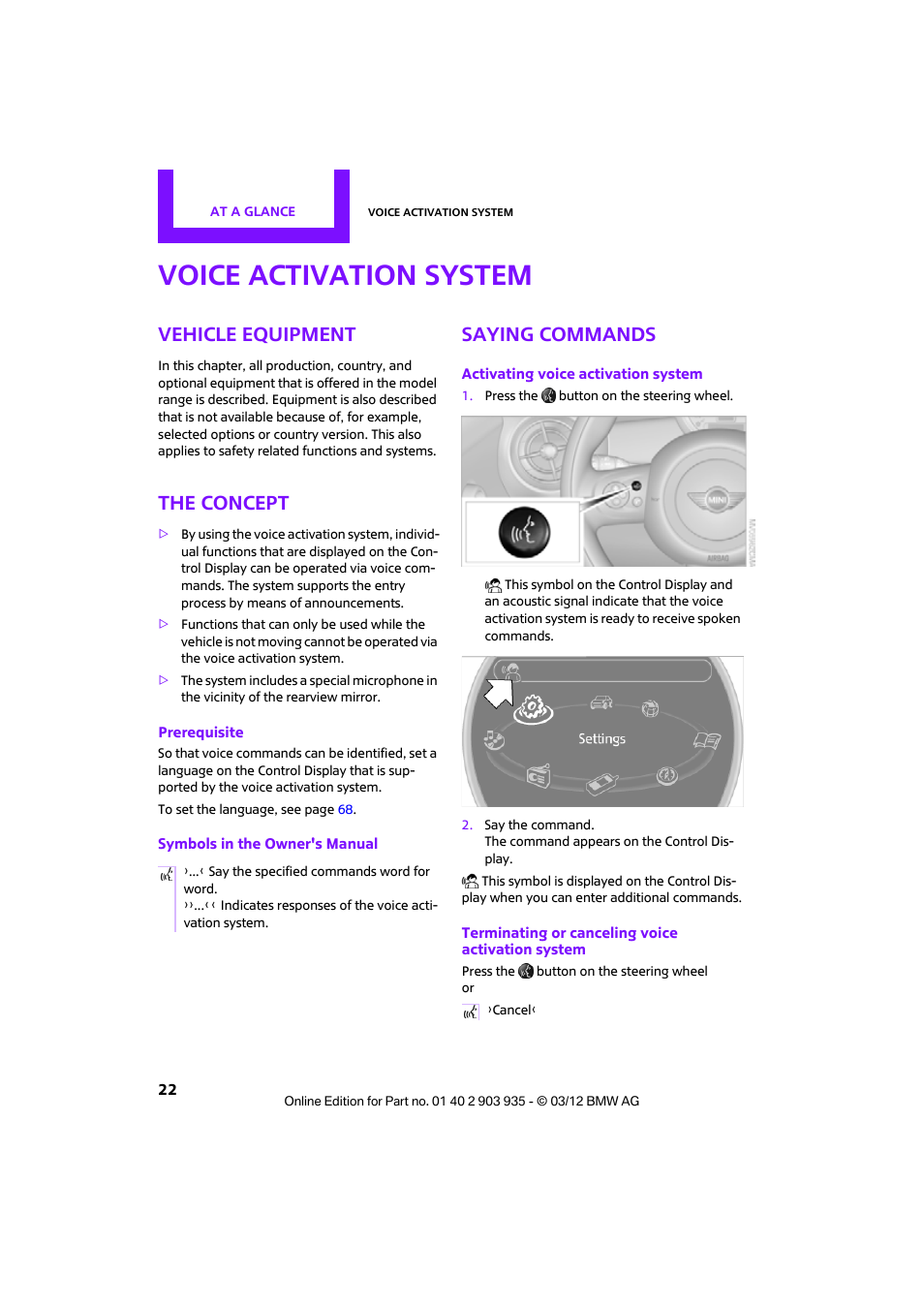 Voice activation system, Vehicle equipment, The concept | Saying commands | Mini 2012 Clubman User Manual | Page 23 / 269