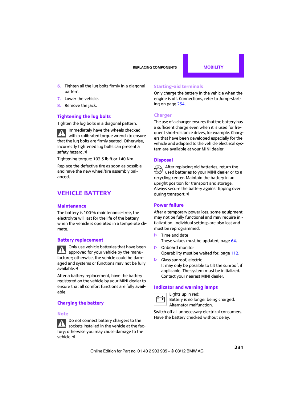 Vehicle battery | Mini 2012 Clubman User Manual | Page 232 / 269