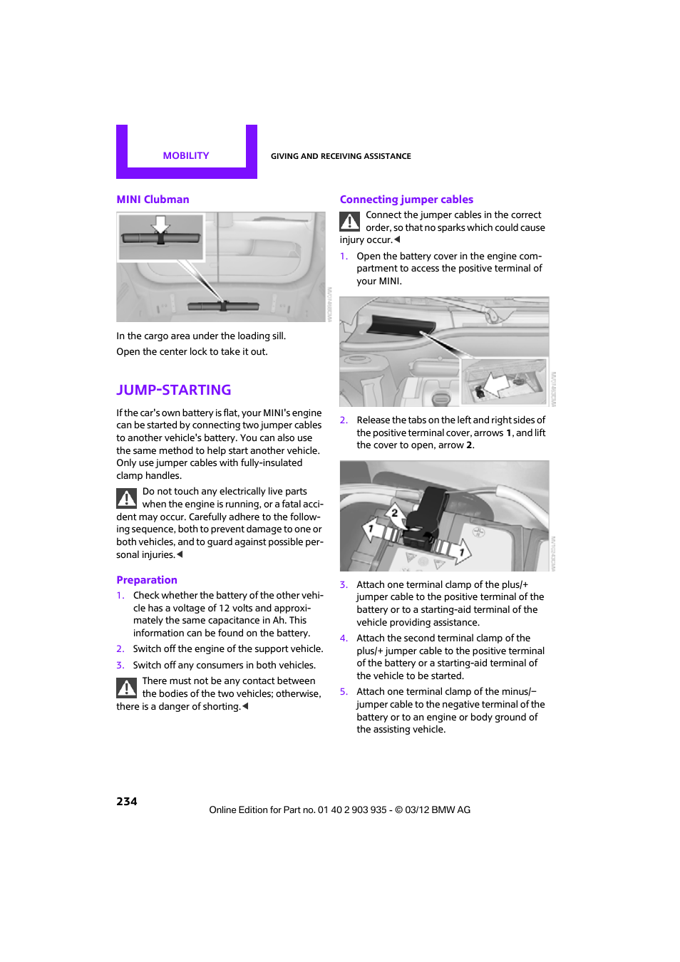 Jump-starting | Mini 2012 Clubman User Manual | Page 235 / 269