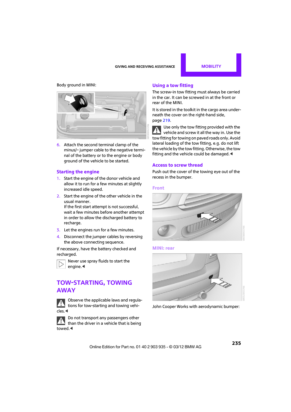 Tow-starting, towing away | Mini 2012 Clubman User Manual | Page 236 / 269