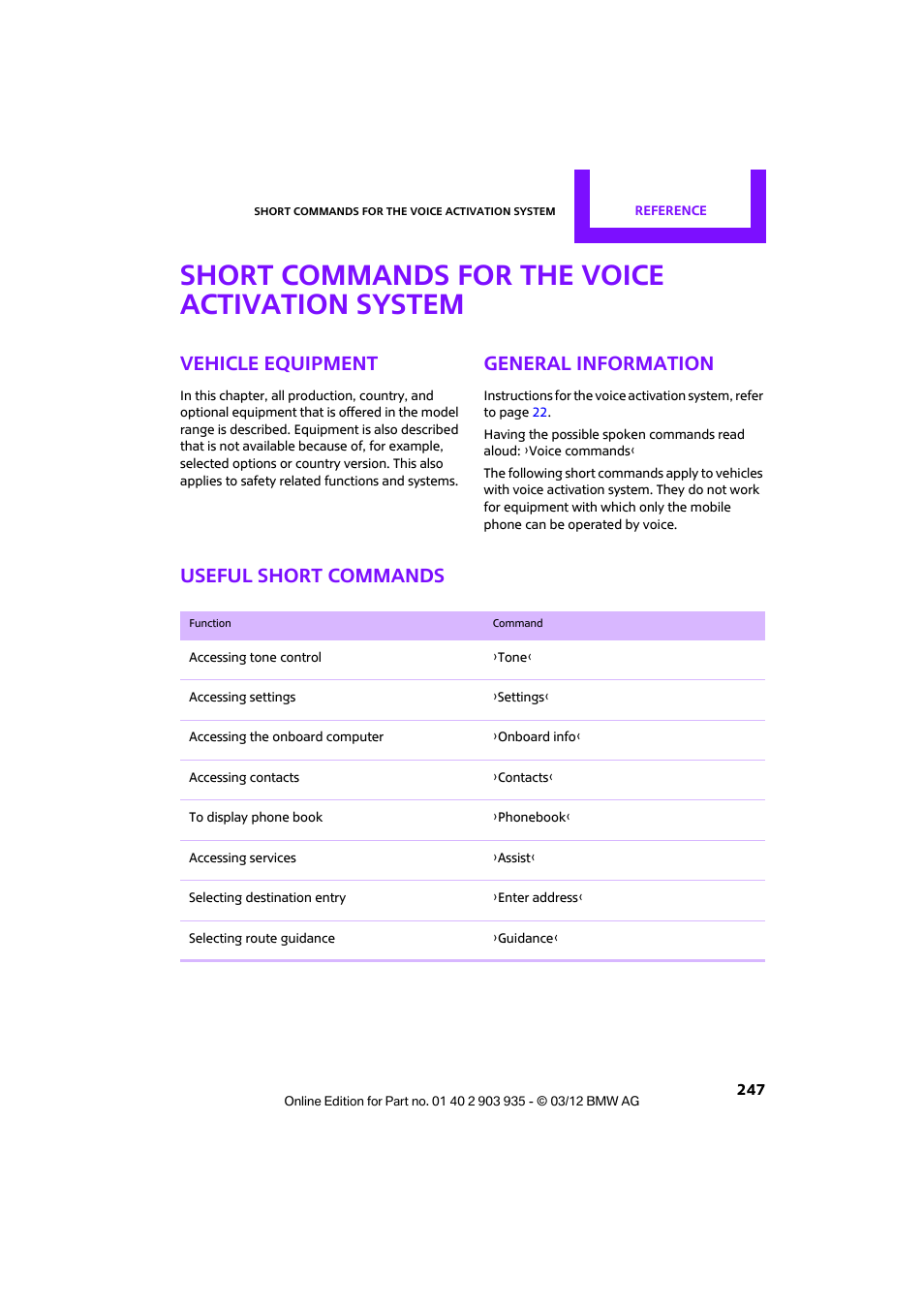 Short commands for the voice activation system, Vehicle equipment, General information | Useful short commands | Mini 2012 Clubman User Manual | Page 248 / 269