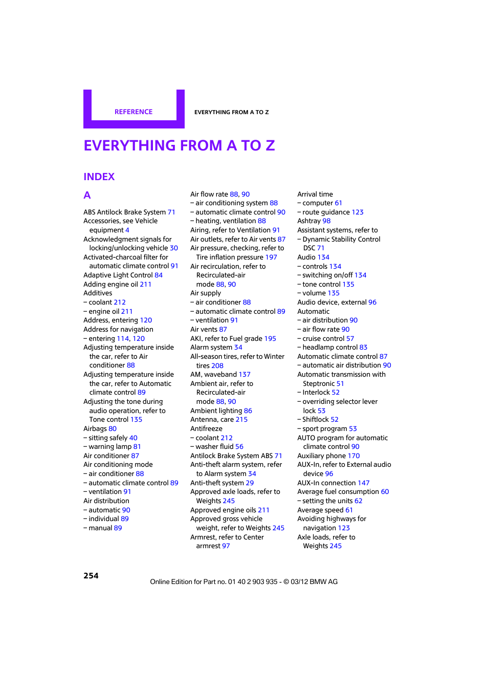 Everything from a to z, Index, Index a | Mini 2012 Clubman User Manual | Page 255 / 269