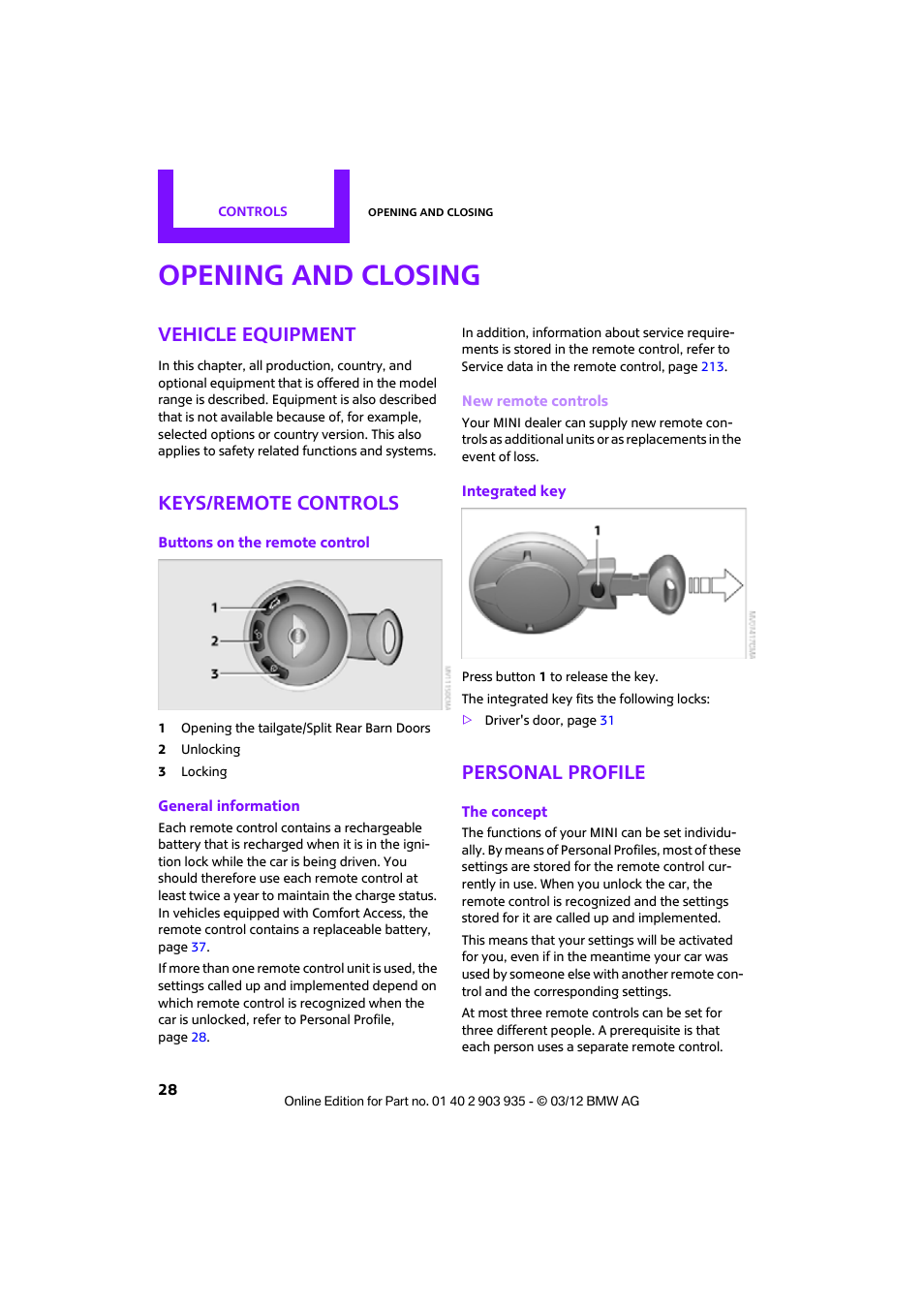 Opening and closing, Vehicle equipment, Keys/remote controls | Personal profile | Mini 2012 Clubman User Manual | Page 29 / 269