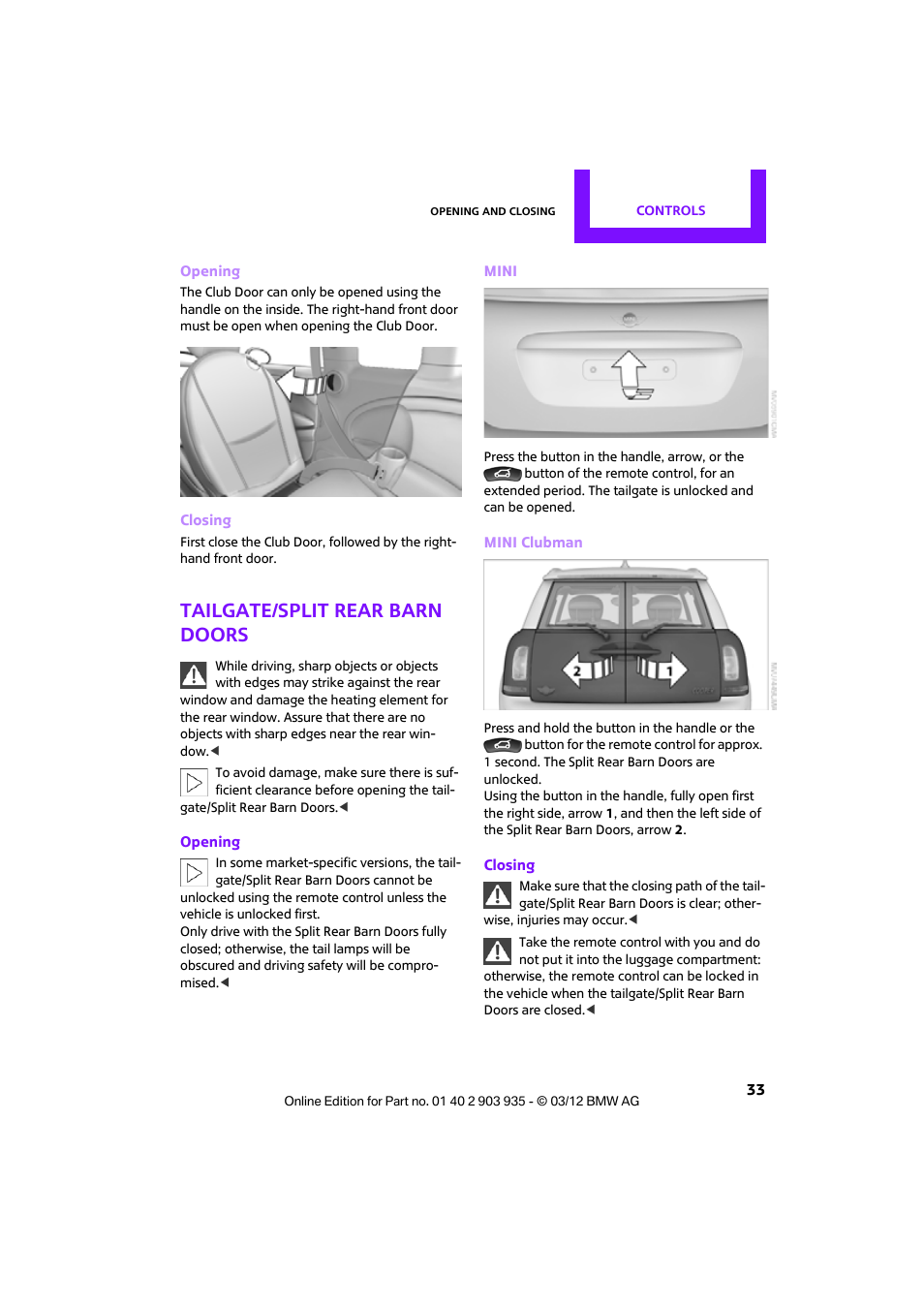 Tailgate/split rear barn doors | Mini 2012 Clubman User Manual | Page 34 / 269