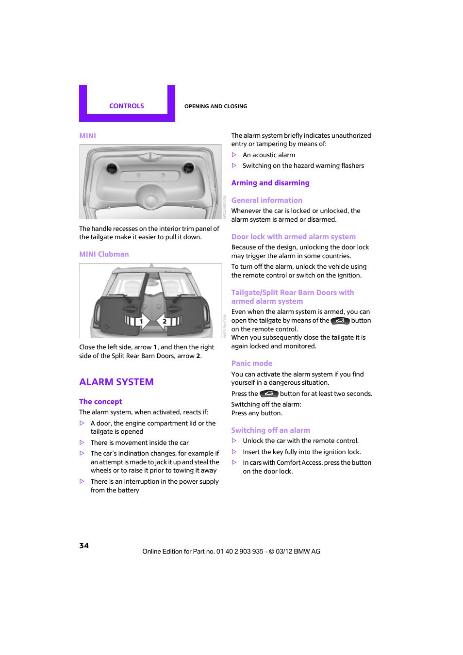 Alarm system | Mini 2012 Clubman User Manual | Page 35 / 269