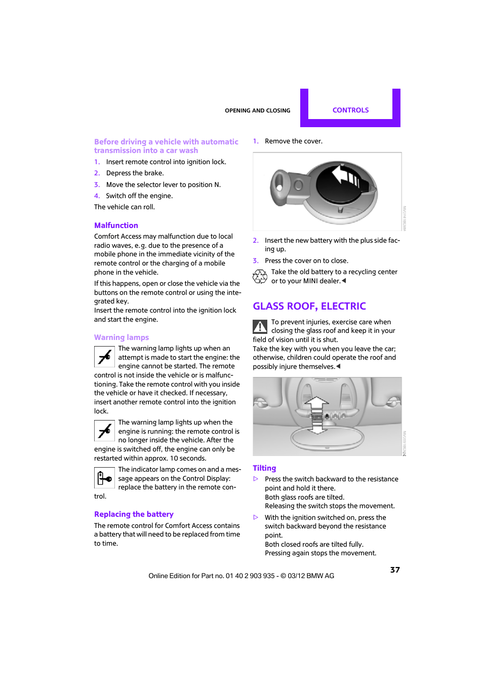 Glass roof, electric | Mini 2012 Clubman User Manual | Page 38 / 269