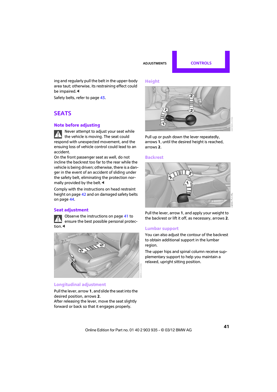 Seats | Mini 2012 Clubman User Manual | Page 42 / 269