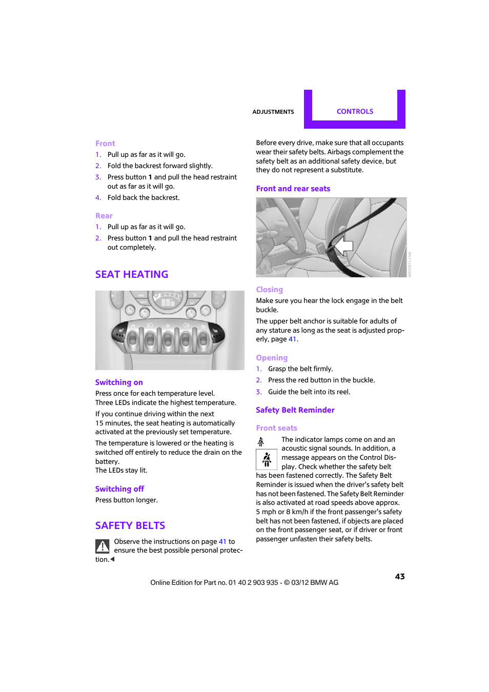 Seat heating, Safety belts | Mini 2012 Clubman User Manual | Page 44 / 269
