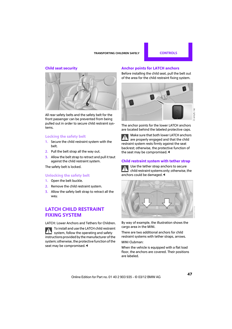 Latch child restraint fixing system | Mini 2012 Clubman User Manual | Page 48 / 269