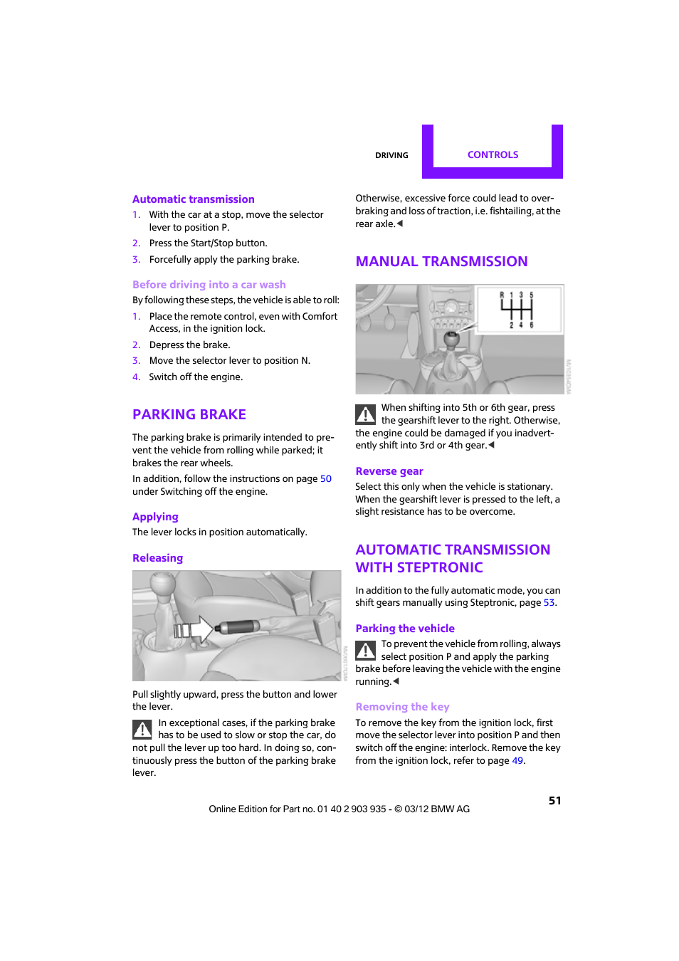 Parking brake, Manual transmission, Automatic transmission with steptronic | Mini 2012 Clubman User Manual | Page 52 / 269