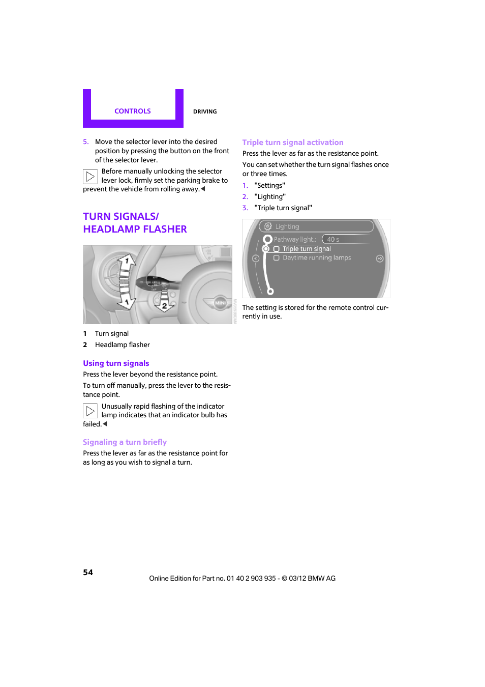 Turn signals/ headlamp flasher | Mini 2012 Clubman User Manual | Page 55 / 269