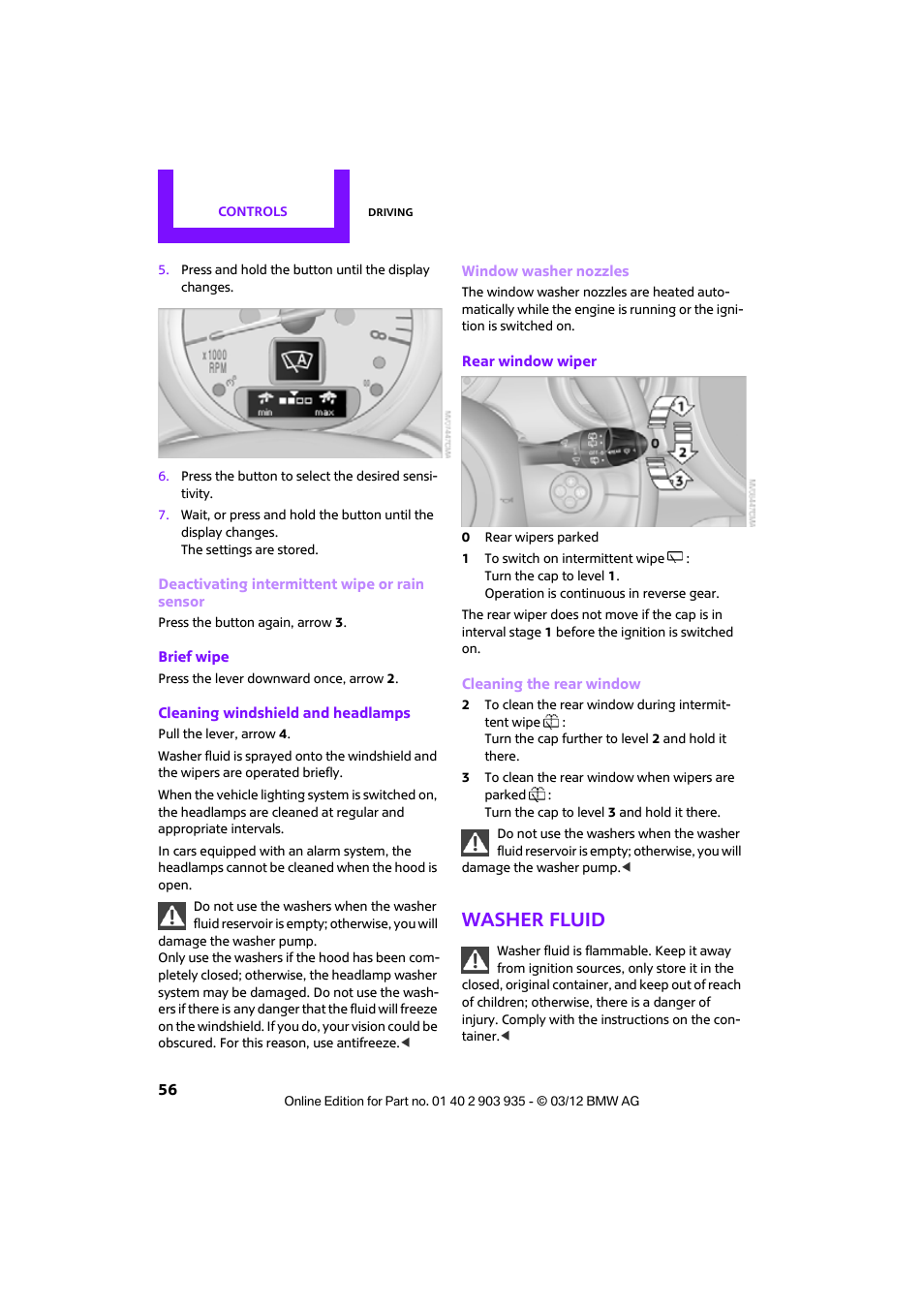 Washer fluid | Mini 2012 Clubman User Manual | Page 57 / 269