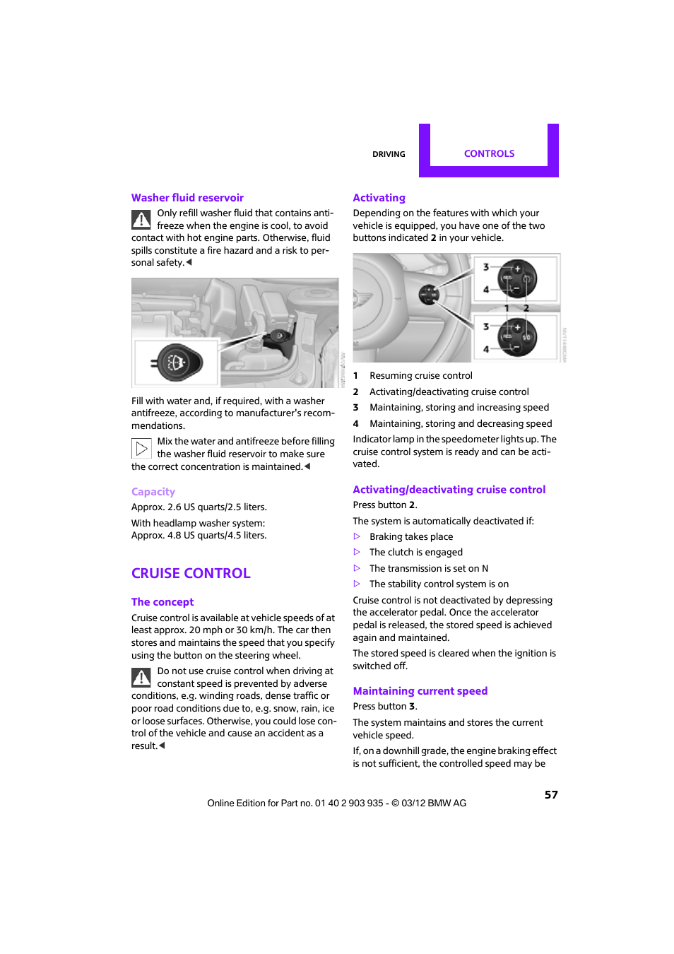 Cruise control | Mini 2012 Clubman User Manual | Page 58 / 269