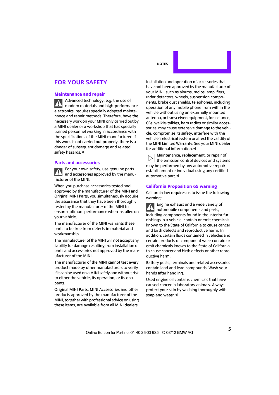 For your safety | Mini 2012 Clubman User Manual | Page 6 / 269
