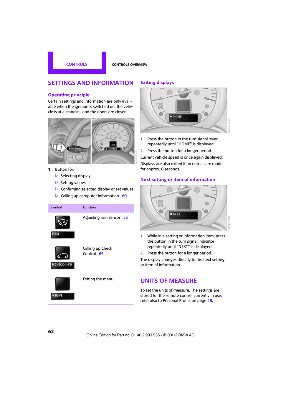Settings and information, Units of measure | Mini 2012 Clubman User Manual | Page 63 / 269