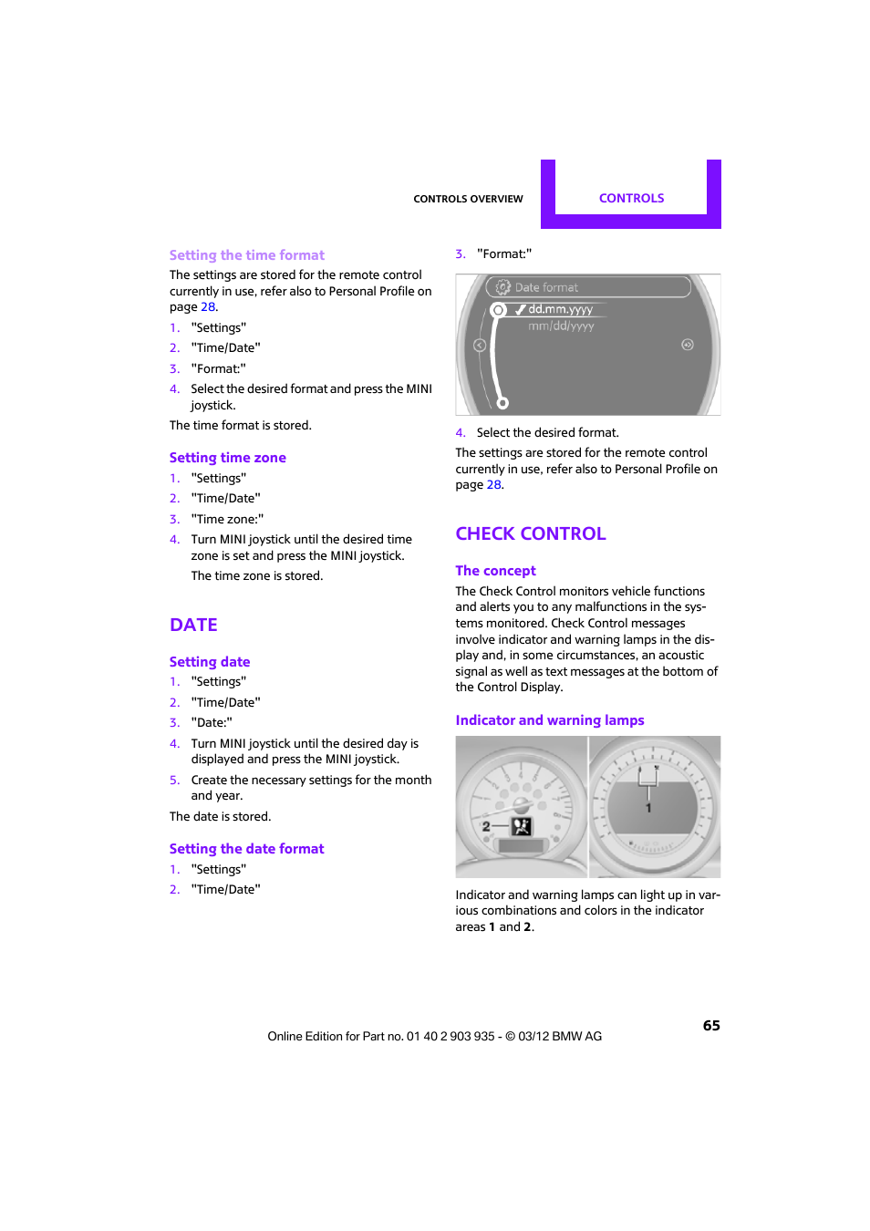 Date, Check control | Mini 2012 Clubman User Manual | Page 66 / 269