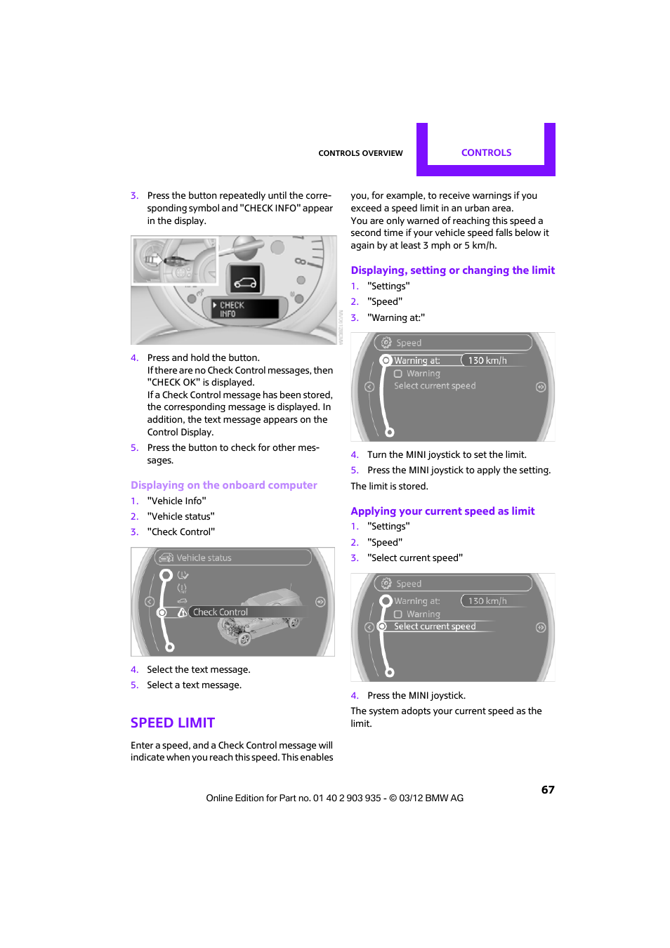 Speed limit | Mini 2012 Clubman User Manual | Page 68 / 269