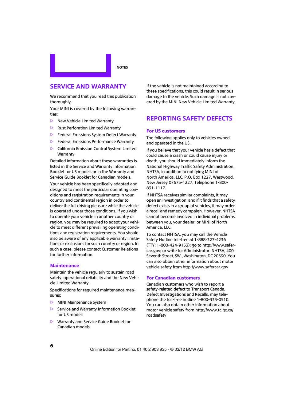 Service and warranty, Reporting safety defects | Mini 2012 Clubman User Manual | Page 7 / 269