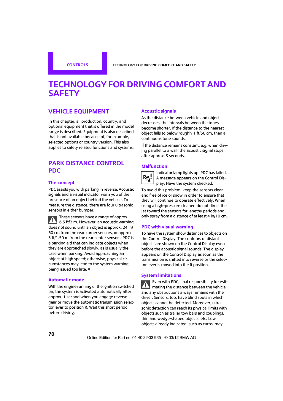 Technology for driving comfort and safety, Vehicle equipment, Park distance control pdc | Mini 2012 Clubman User Manual | Page 71 / 269