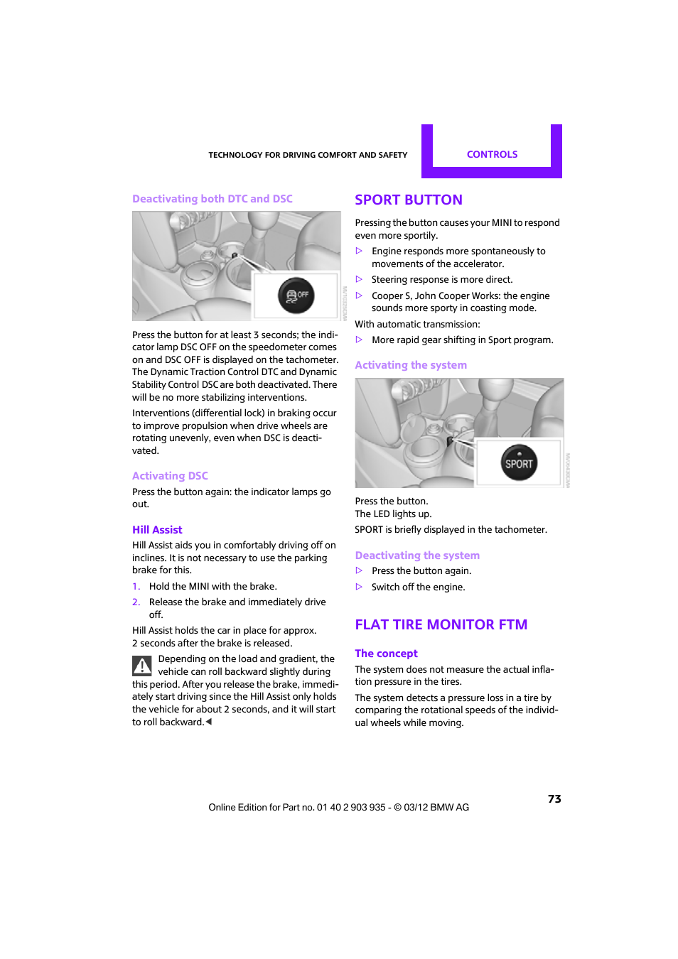 Sport button, Flat tire monitor ftm | Mini 2012 Clubman User Manual | Page 74 / 269