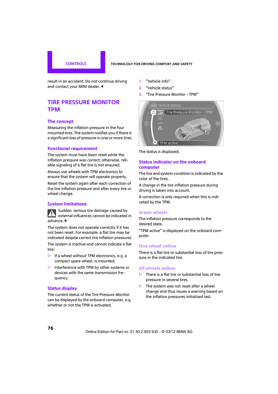 Tire pressure monitor tpm | Mini 2012 Clubman User Manual | Page 77 / 269