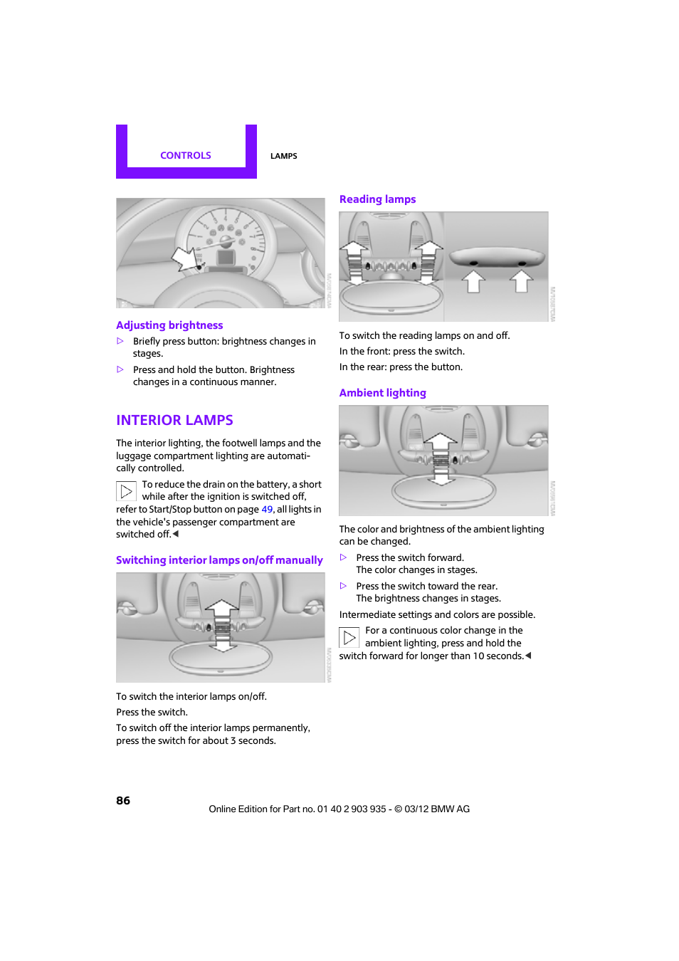 Interior lamps | Mini 2012 Clubman User Manual | Page 87 / 269