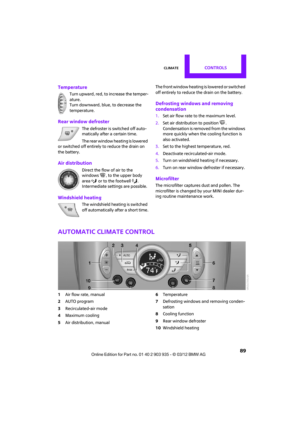 Automatic climate control | Mini 2012 Clubman User Manual | Page 90 / 269