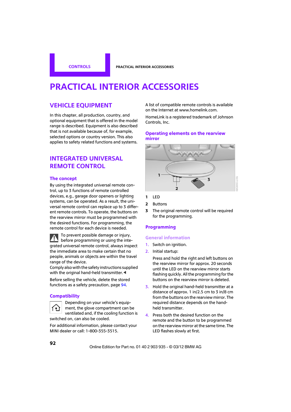 Practical interior accessories, Vehicle equipment, Integrated universal remote control | Mini 2012 Clubman User Manual | Page 93 / 269