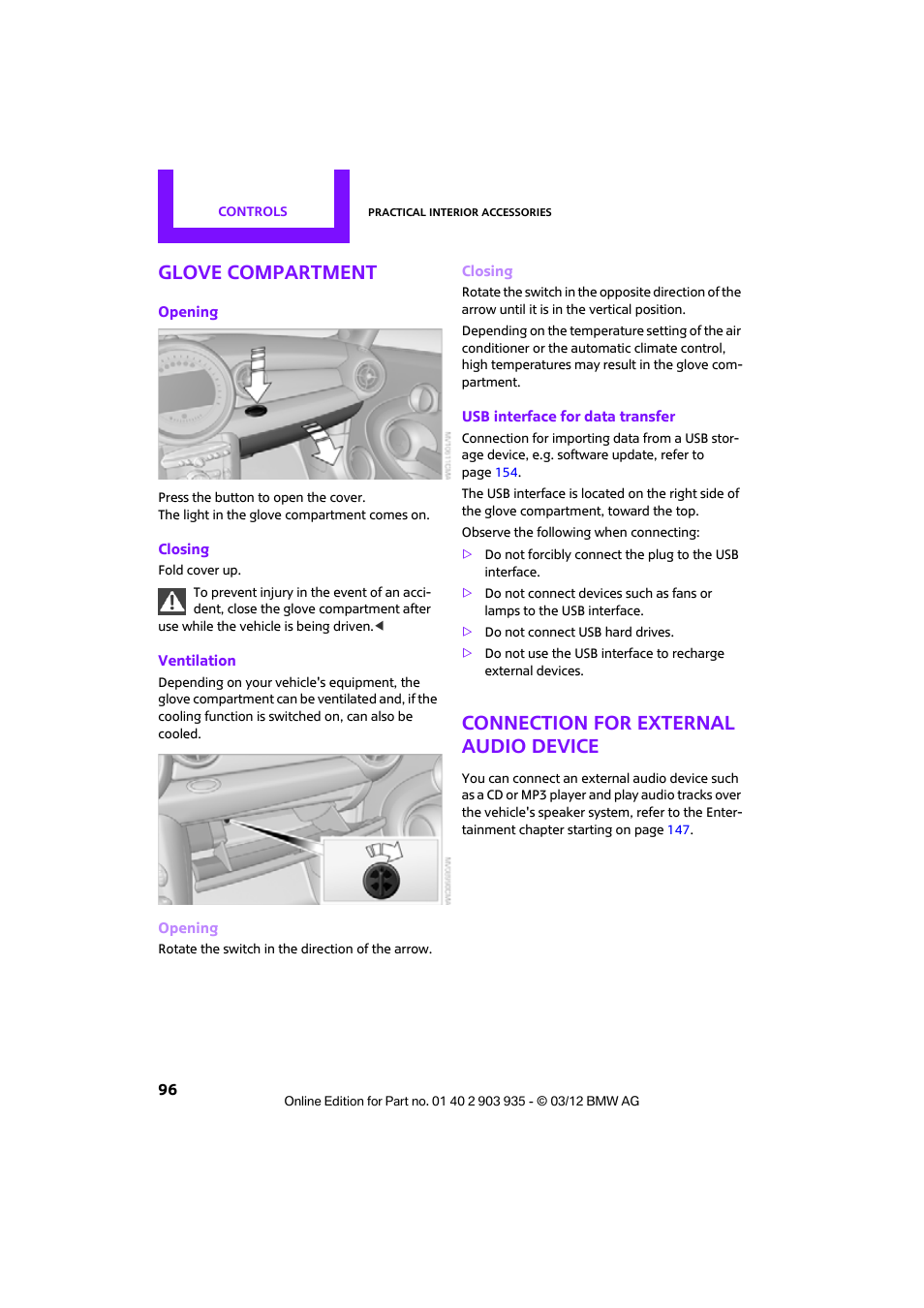 Glove compartment, Connection for external audio device | Mini 2012 Clubman User Manual | Page 97 / 269