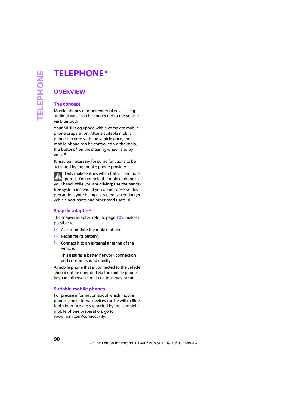 Telephone, Overview | Mini 2011 Countryman User Manual | Page 100 / 176