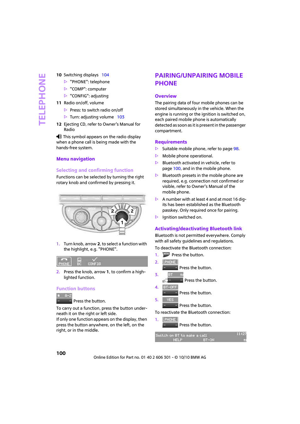 Pairing/unpairing mobile phone, Telephone | Mini 2011 Countryman User Manual | Page 102 / 176