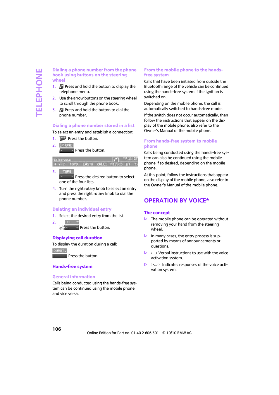 Operation by voice, Telephone | Mini 2011 Countryman User Manual | Page 108 / 176