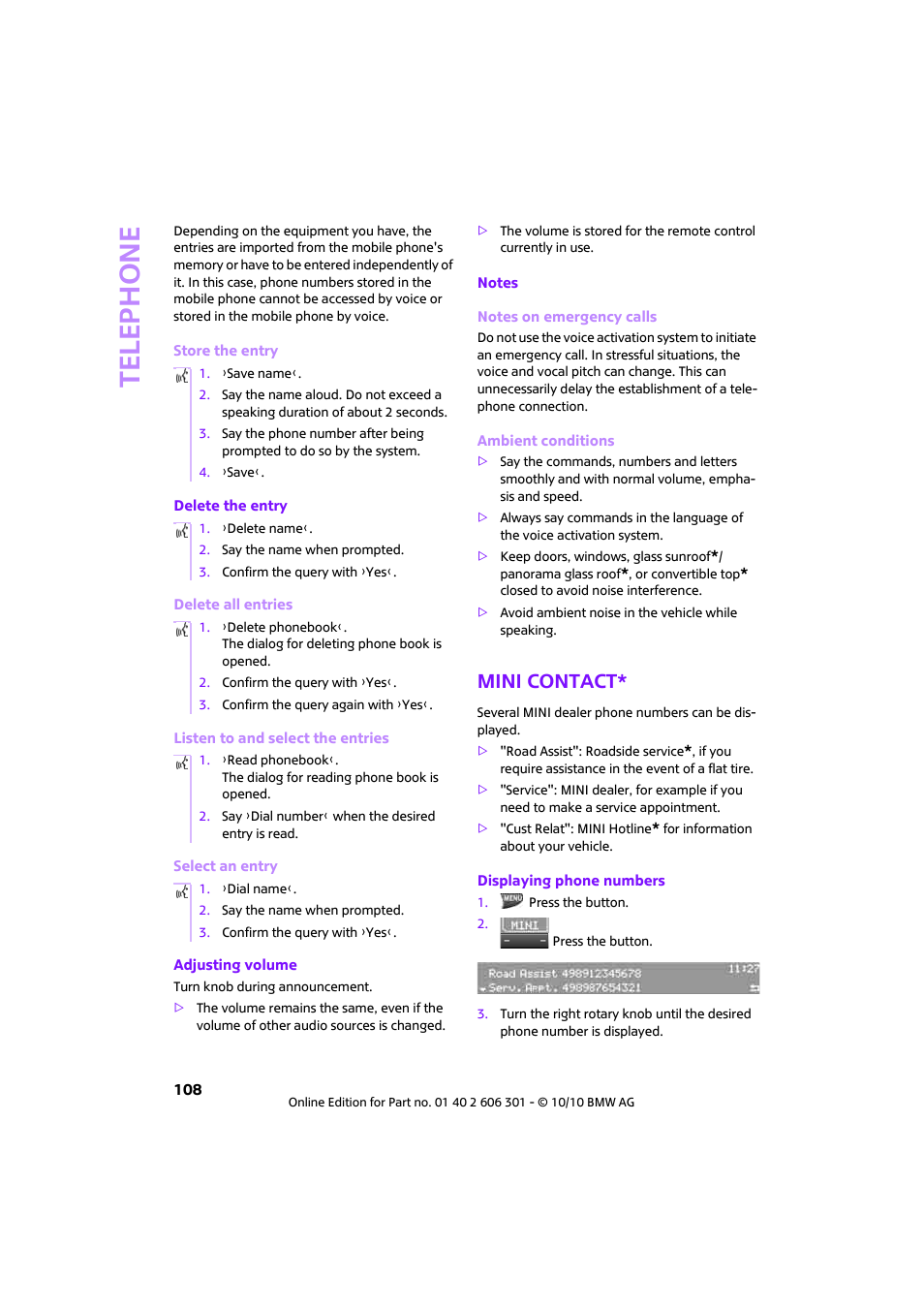 Mini contact, Telephone | Mini 2011 Countryman User Manual | Page 110 / 176