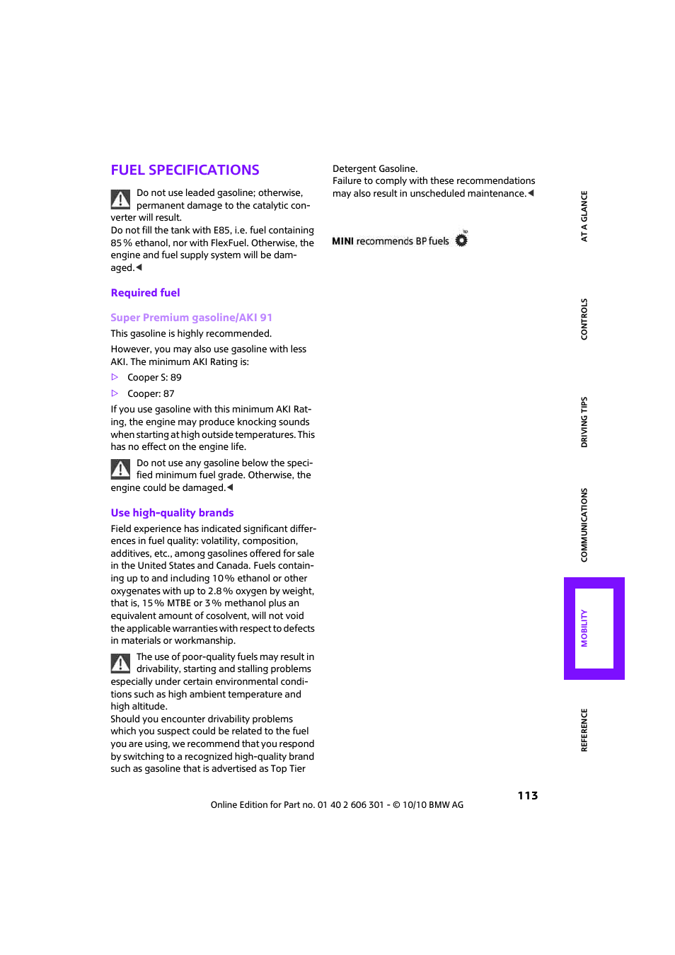 Fuel specifications | Mini 2011 Countryman User Manual | Page 115 / 176