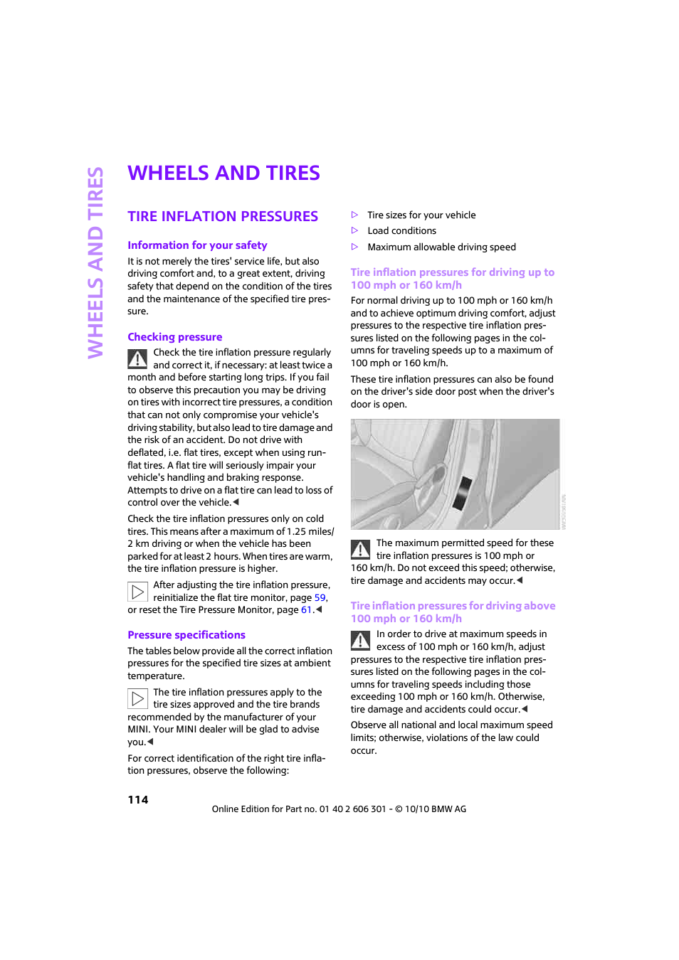 Wheels and tires, Tire inflation pressures | Mini 2011 Countryman User Manual | Page 116 / 176