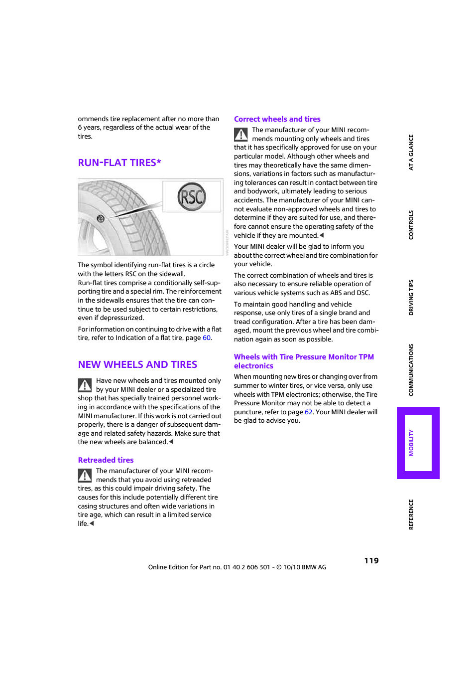 Run-flat tires, New wheels and tires | Mini 2011 Countryman User Manual | Page 121 / 176