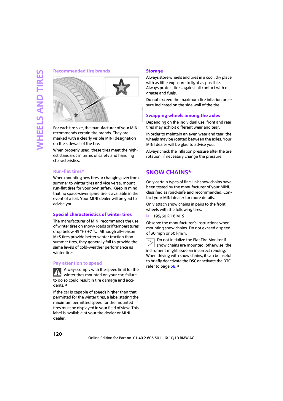 Snow chains, Wheels and tires | Mini 2011 Countryman User Manual | Page 122 / 176